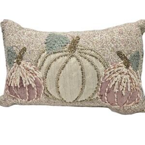 Shabby Chic Est 1989 Pumpkin Pillow 22x13 Linen Embroidered Beaded Textured Boho